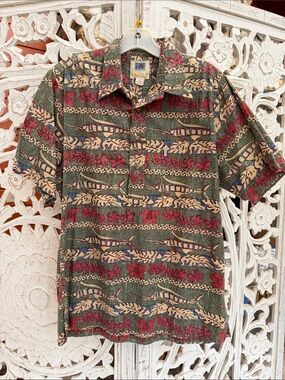 Kahala Olive Red Tan Floral Fish Hawaiian Half Button Polo Shirt Reverse Print
